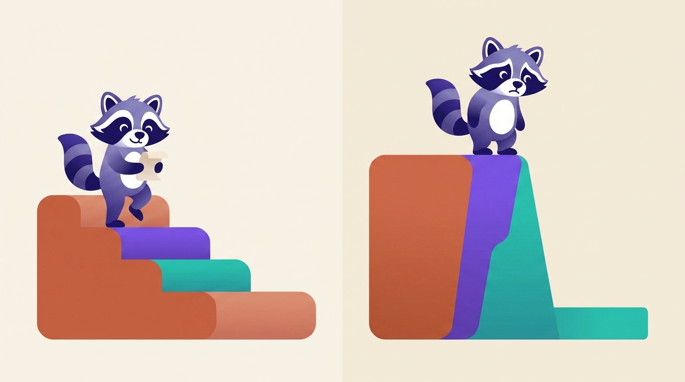 À gauche le raccoon descend calmement trois marches, à droite il hésite au bord d'une falaise de même hauteur.
