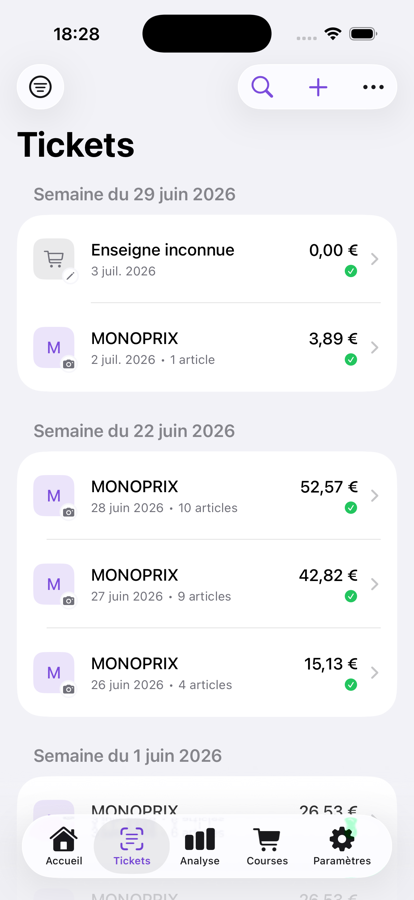 Liste des tickets de caisse scannés dans Aurealo