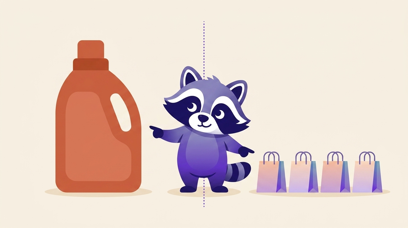 Un grand bidon de lessive d'un côté, quatre petits sacs de courses de l'autre, la mascotte d'Aurealo entre les deux.