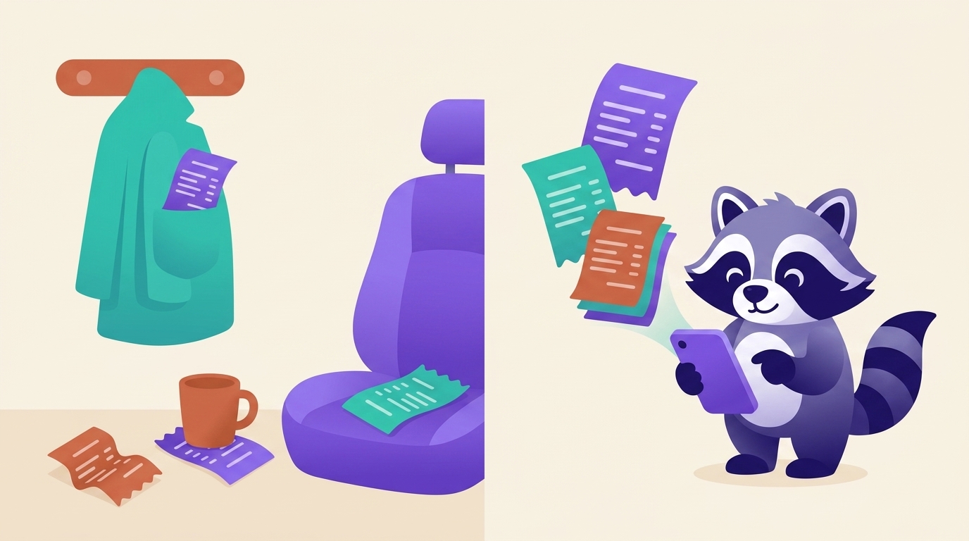 À gauche des tickets éparpillés dans une poche de manteau, sur un siège de voiture et sous une tasse ; à droite les mêmes tickets rangés vers un téléphone tenu par la mascotte.