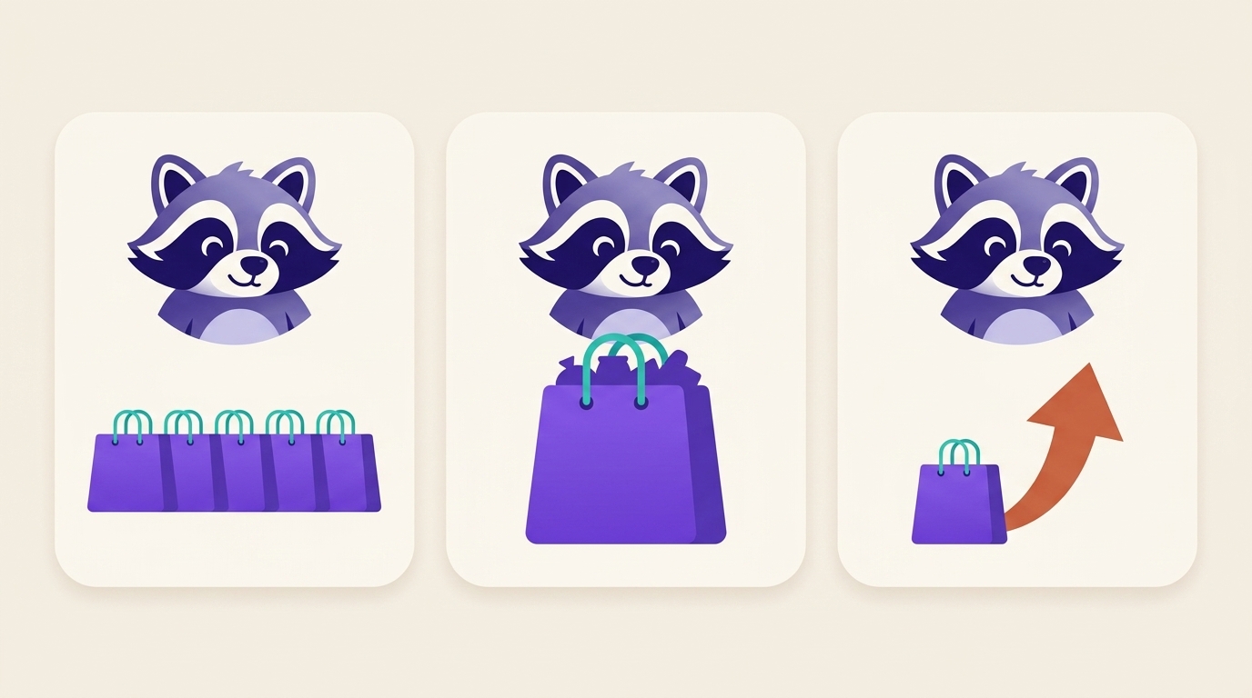 Trois vignettes : plusieurs petits sacs de courses, un seul grand sac débordant, puis un petit sac accompagné d'une flèche montante.